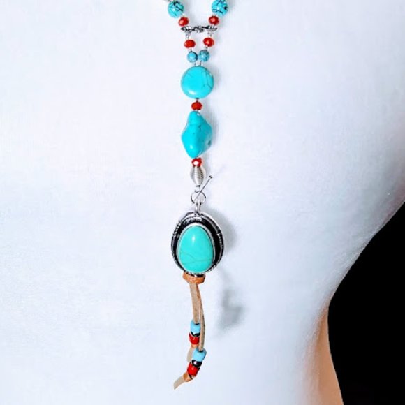 *TURQUOISE LARIAT/Y STYLE NECKLACE & EARRING SET*HAND CRAFTED* - Picture 2 of 7